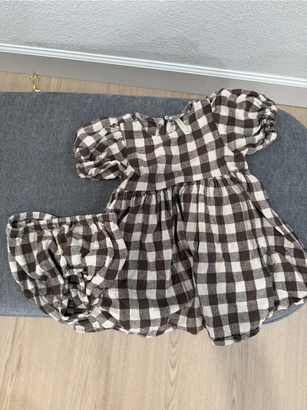 Kids Brown Check Puff-Sleeve Dress and Blue Stripe Set